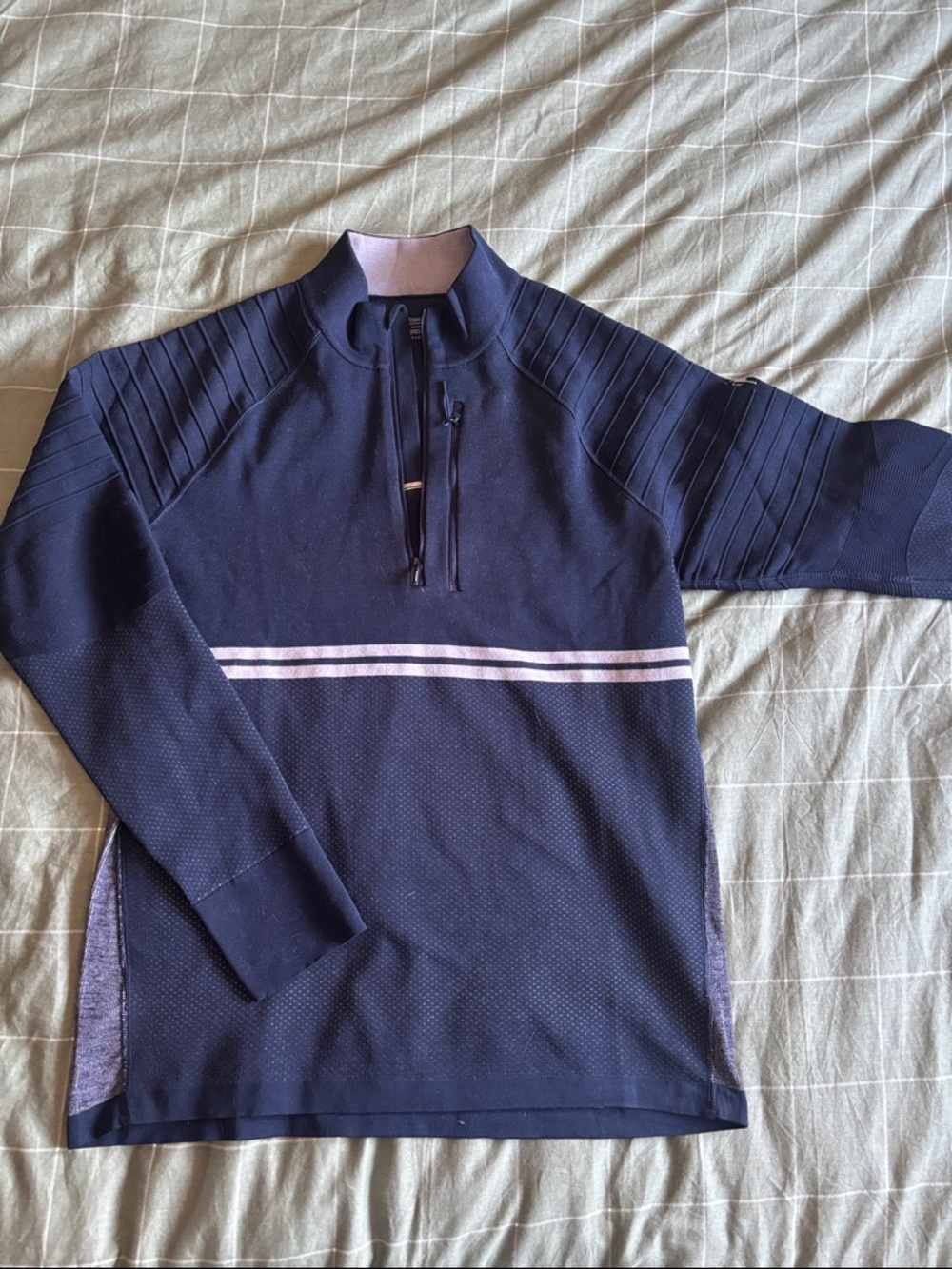 SMARTWOOL Navy Quarter-Zip Pullover with Grey Stripes NWT